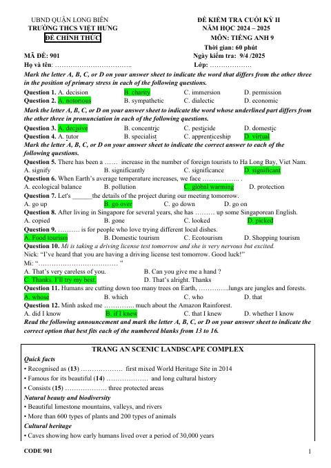 Đề thi Học kì 2 Tiếng Anh 9 năm 2024-2025 trường THCS Việt Hưng (Hà Nội)